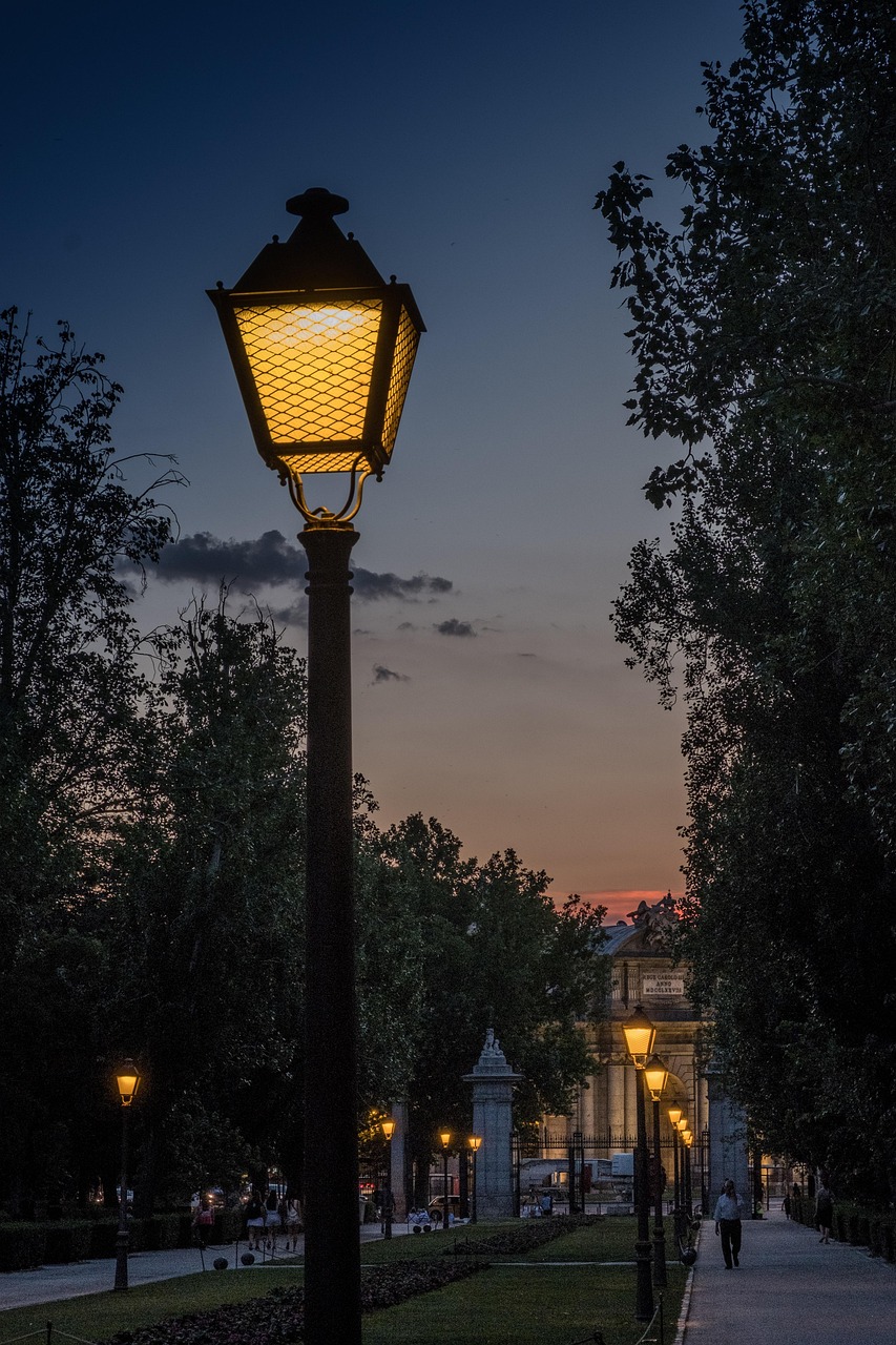 sunset, street lamp, light, warmth, darling, nature, city, illumination, night, urban